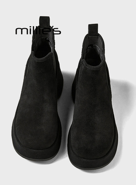 MILLIE'S/妙丽黑色麂皮厚底切尔西短靴女真皮小个子增高防水靴Z