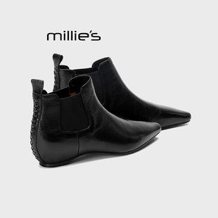 MILLIE'S/妙丽尖头短靴女2026秋款真皮法式套筒松紧口平跟马丁靴