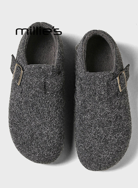 MILLIE'S/妙丽毛毛勃肯鞋平底灰色毛绒单鞋小众简约魔术贴浅口鞋Z