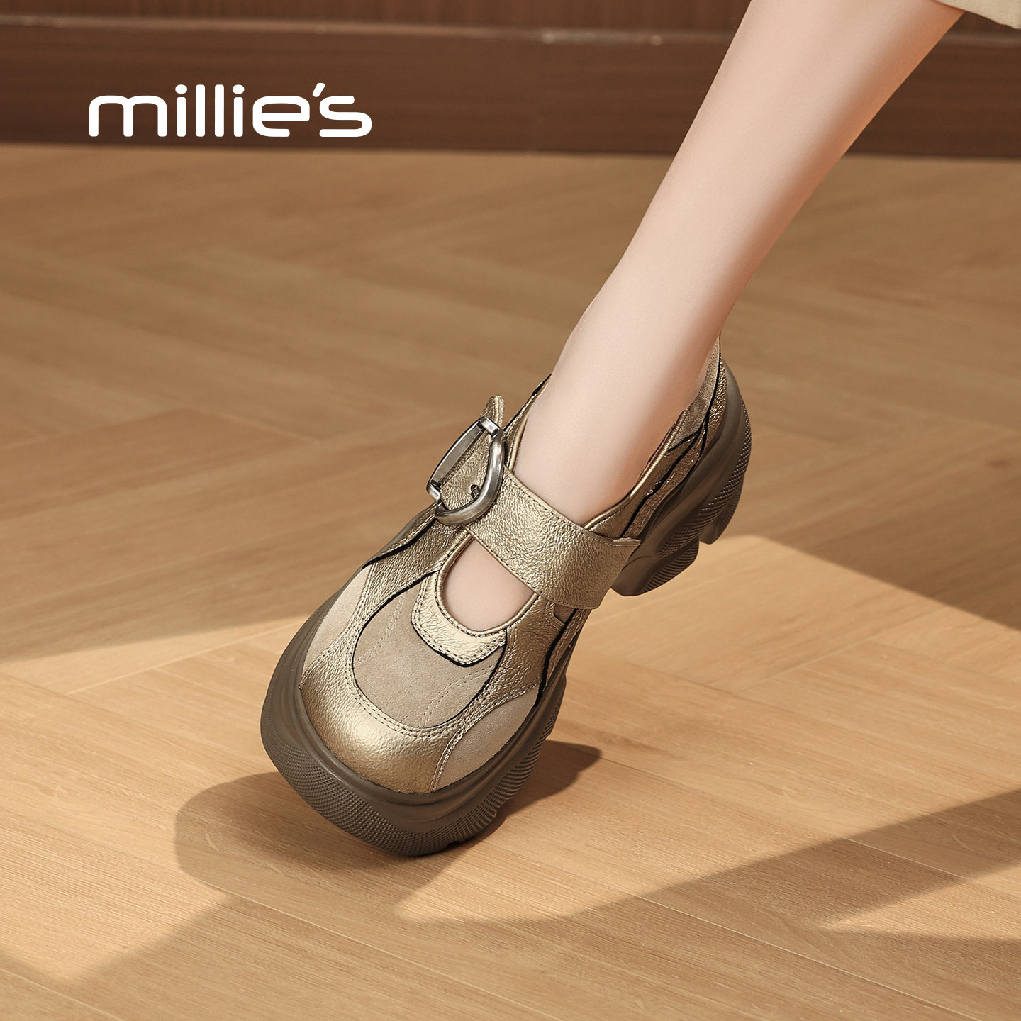 MILLIE'S/妙丽金色玛丽珍鞋女2026春季厚底增高魔术贴通勤单鞋Q,女鞋,时尚芭蕾鞋,淘宝优惠券,粉丝福利购,淘宝优惠卷