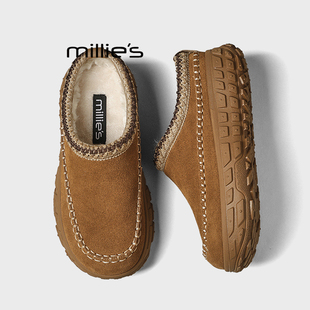 加绒一脚蹬懒人棉鞋 MILLIE 女冬季 妙丽反绒皮包头半拖鞋