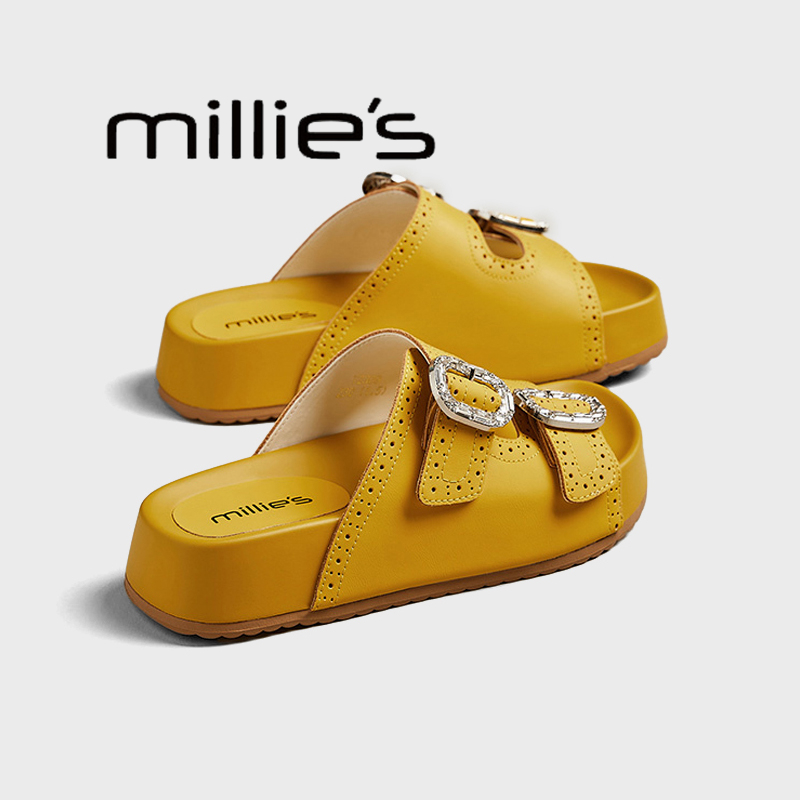 MILLIE'S/妙丽真皮金属水钻拖鞋