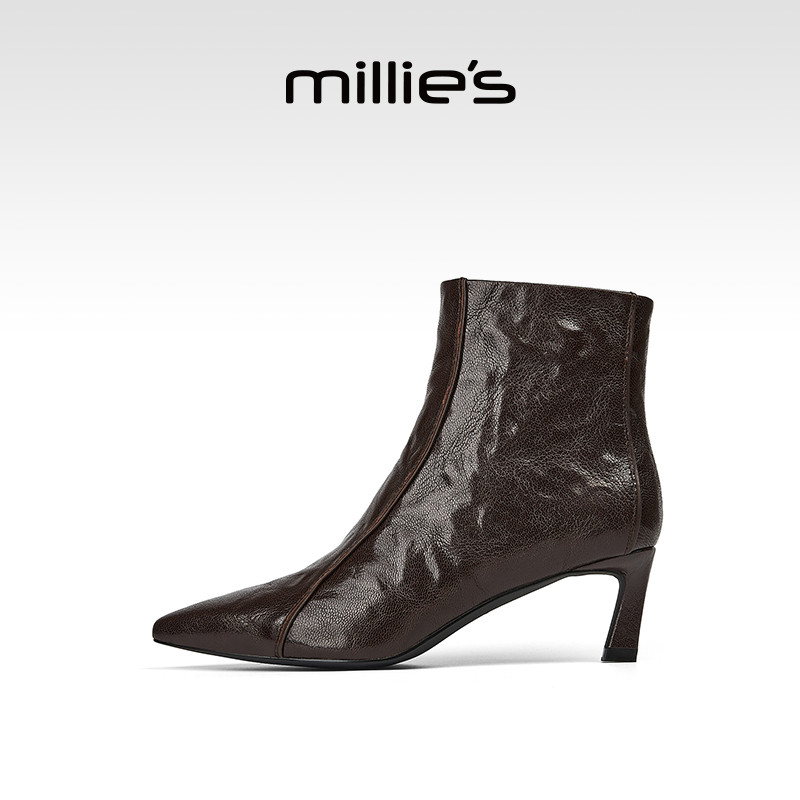 MILLIE'S/妙丽经典细跟尖头设计女款时装靴2026秋新款休闲及踝靴