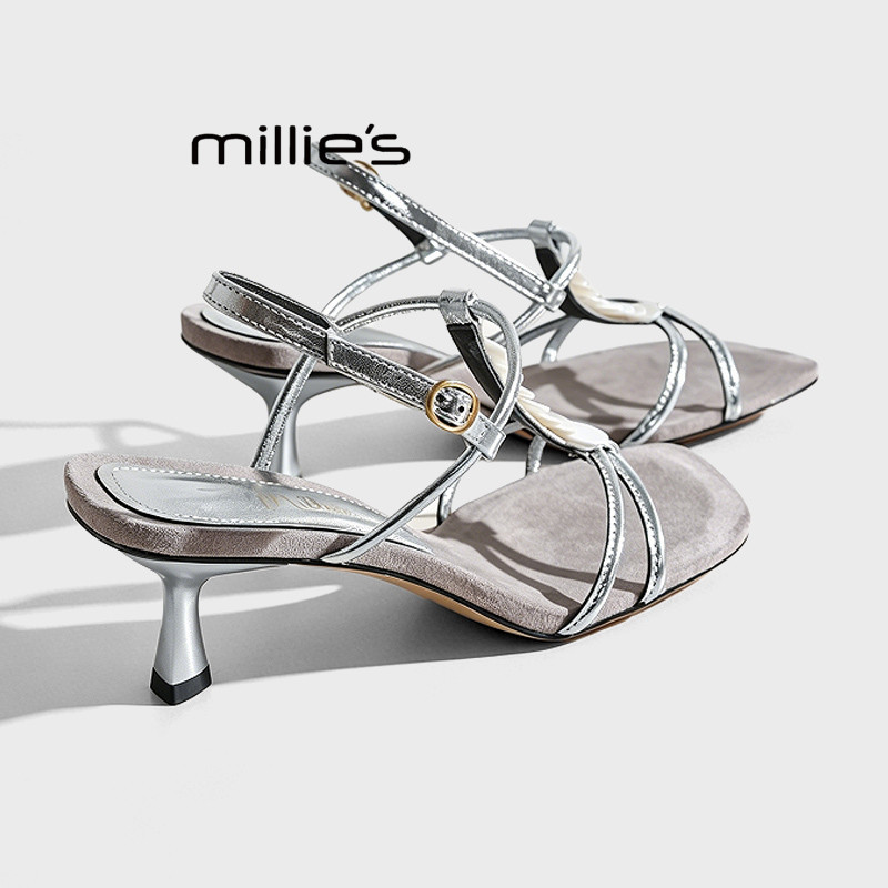 MILLIE'S/妙丽气质银色细带露趾凉鞋女夏季新款一字带高跟鞋绝美Z - 实物图