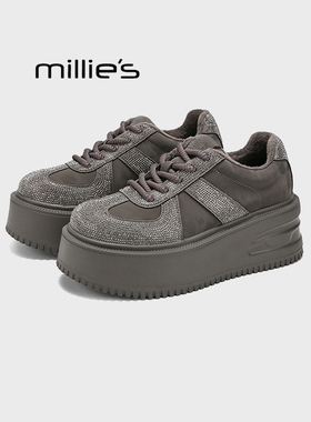 MILLIE'S/妙丽女鞋厚底面包鞋灰色系带休闲板鞋百搭复古厚底鞋Z