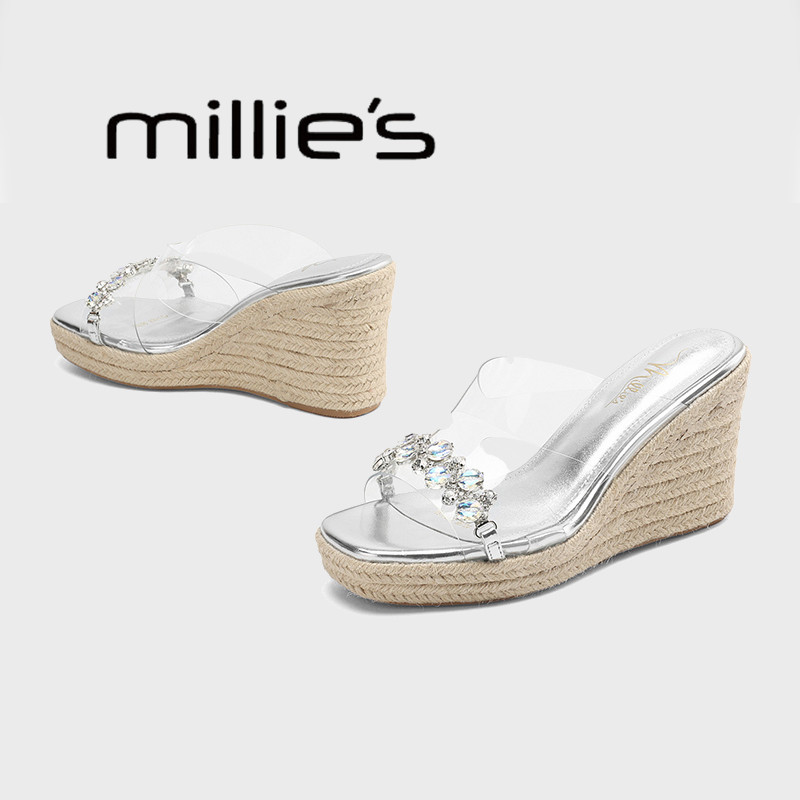 MILLIE'S/妙丽一字拖透明绝美坡跟凉拖鞋女2025新款夏季厚底拖鞋
