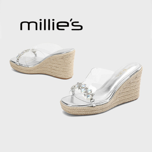 MILLIE'S/妙丽一字拖透明绝美坡跟凉拖鞋女2026新款夏季厚底拖鞋