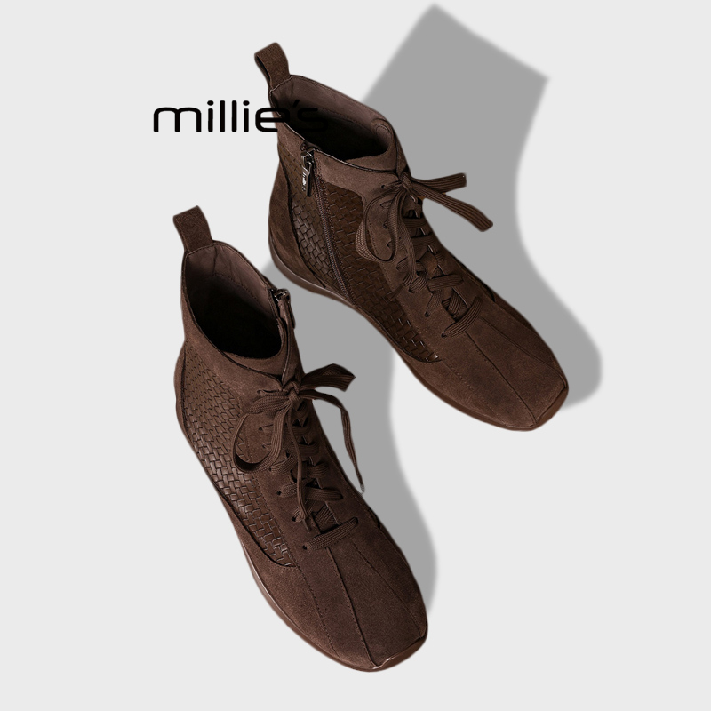 MILLIE'S/妙丽秋冬新款拳击靴女复古绑带真皮休闲短靴小众高帮靴Z