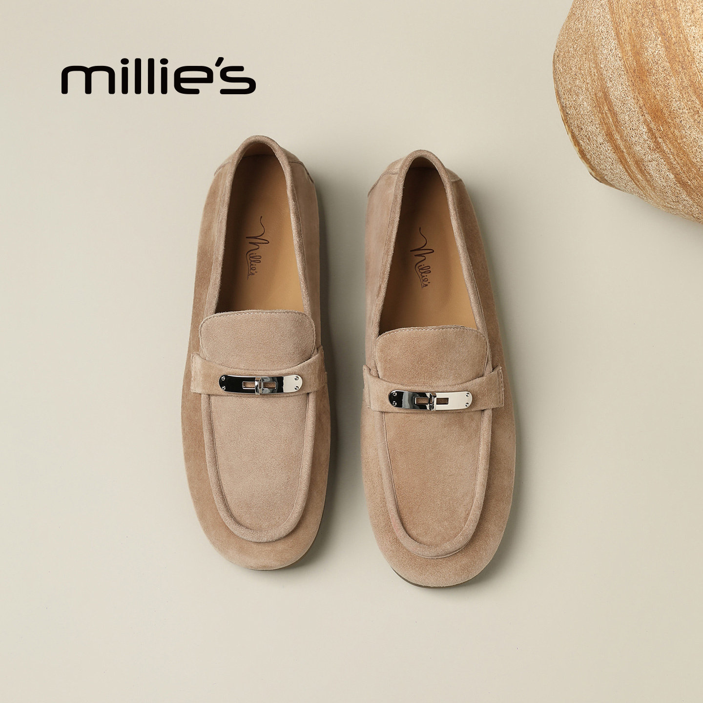 MILLIE'S/妙丽老钱风反绒皮一脚蹬乐福鞋女平底金属扣豆豆鞋单鞋Z