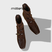 妙丽冬季 时尚 MILLIE 百搭真皮新中式 玛丽珍靴粗跟瘦瘦靴袜靴女Z