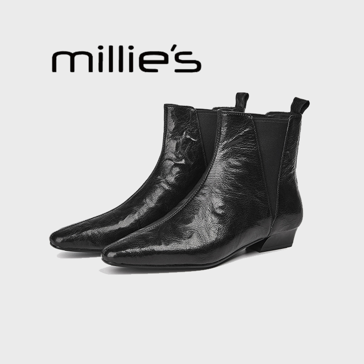 MILLIE'S/妙丽尖头平底复古手抓纹羊皮真皮气质单里切尔西短靴秋,女鞋,切尔西靴,淘宝优惠券,粉丝福利购,淘宝优惠卷