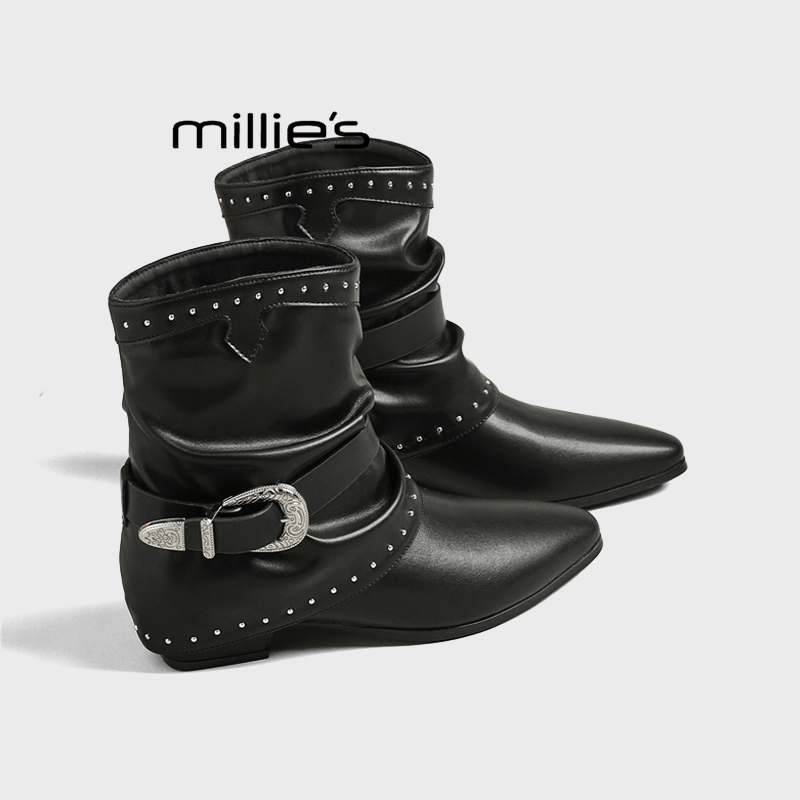 MILLIE'S/妙丽铆钉褶皱裤管靴