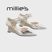 妙丽尖头单鞋 女2026夏新款 MILLIE 漆皮银色浅口气质坡跟高跟鞋
