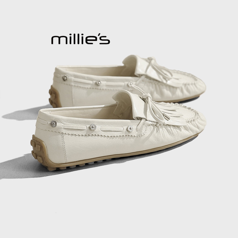 MILLIE'S/妙丽2026春夏新款真皮流苏乐福鞋女款平底一脚蹬豆豆鞋Z