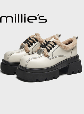 MILLIE'S/妙丽圆头厚底英伦风时尚百搭日常通勤加绒乐福鞋冬季女