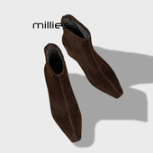 MILLIE 妙丽麂皮切尔西靴女2026秋冬尖头短靴粗跟显瘦百搭女靴Z
