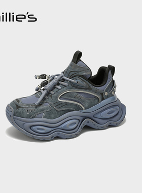 MILLIE'S/妙丽蓝色厚底增高老爹鞋女2025新款秋季真皮休闲运动鞋