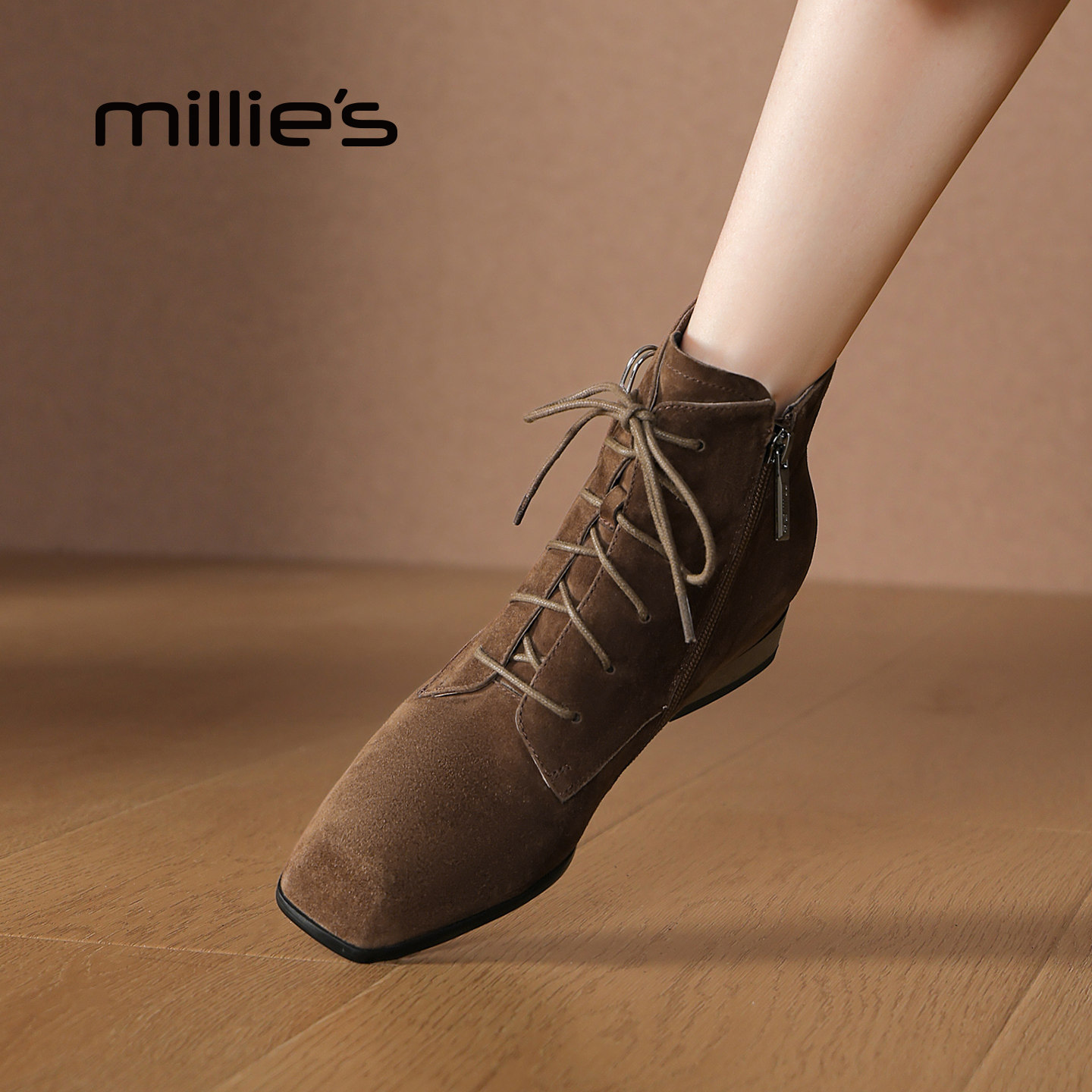MILLIE'S/妙丽2026秋冬新款磨砂皮短靴女翻毛皮马丁靴粗跟瘦瘦靴