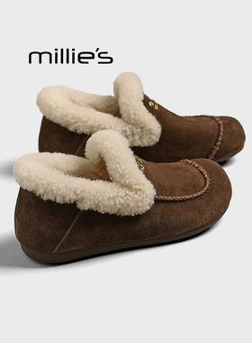 MILLIE'S/妙丽加绒豆豆鞋女冬季新款软面一脚蹬保暖女士雪地棉鞋Z