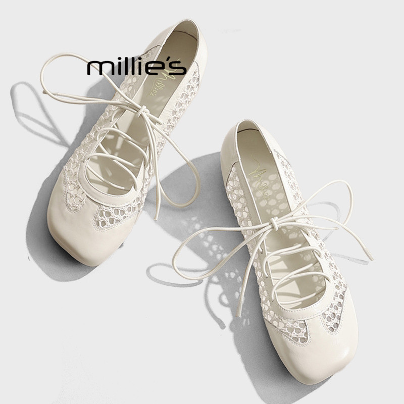 MILLIE'S/妙丽复古小众设计感春夏镂空单鞋女鞋子百搭方头芭蕾鞋Z