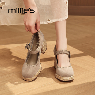 MILLIE'S/妙丽复古风厚底玛丽珍鞋女一字带反绒皮松糕底时尚单鞋Q