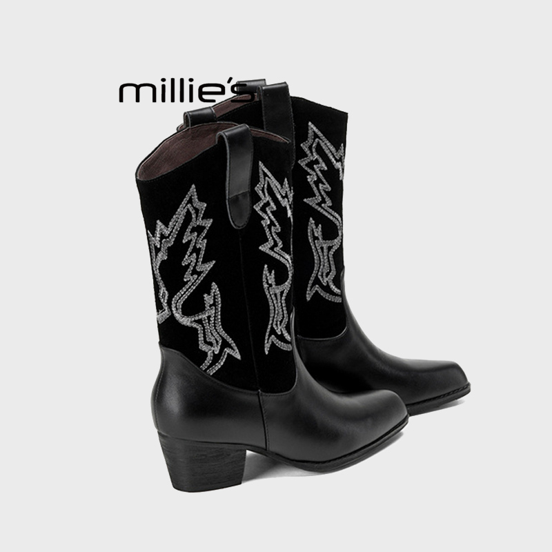 MILLIE'S/妙丽刺绣复古中筒短靴