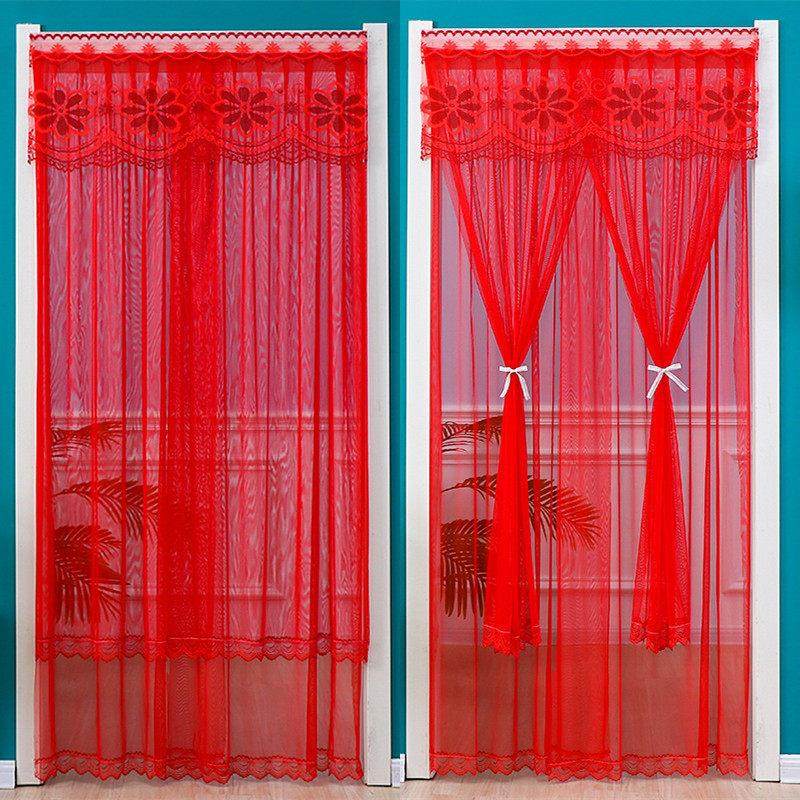厂家厂家喜庆结婚大红防蚊门帘布艺蕾丝家用隔断帘帘子魔术贴客厅
