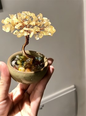 玄关高级聚宝盆小摆件陶瓷底座水晶发财树办公桌面创意手工工艺品