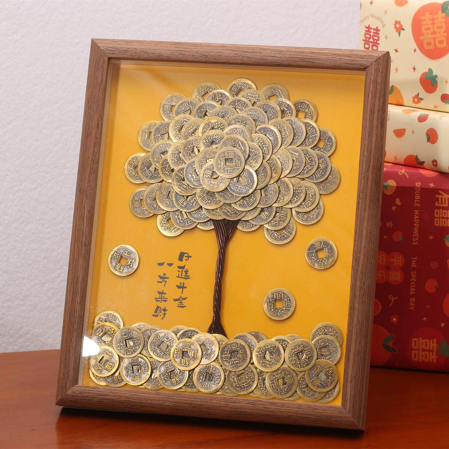 发财树铜币diy材料成品亚克力7寸相框摆台复古轻奢高级感实木画框