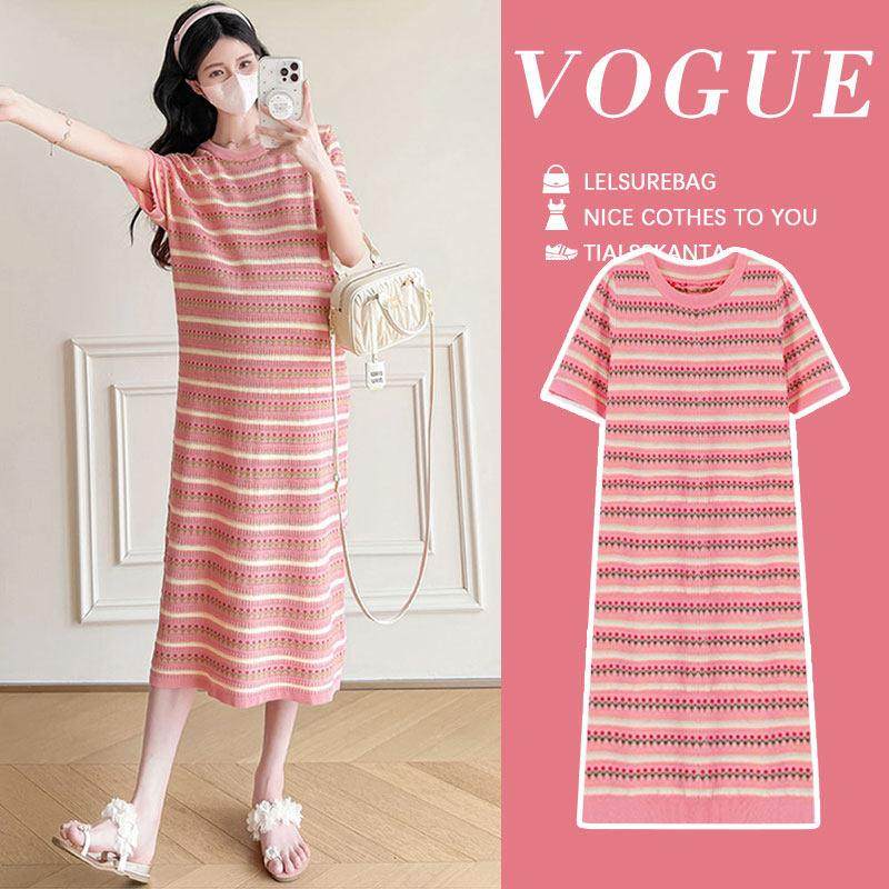 孕妇夏季洋装2025新款镂空条纹针织冰丝裙子夏款潮妈孕期法式女