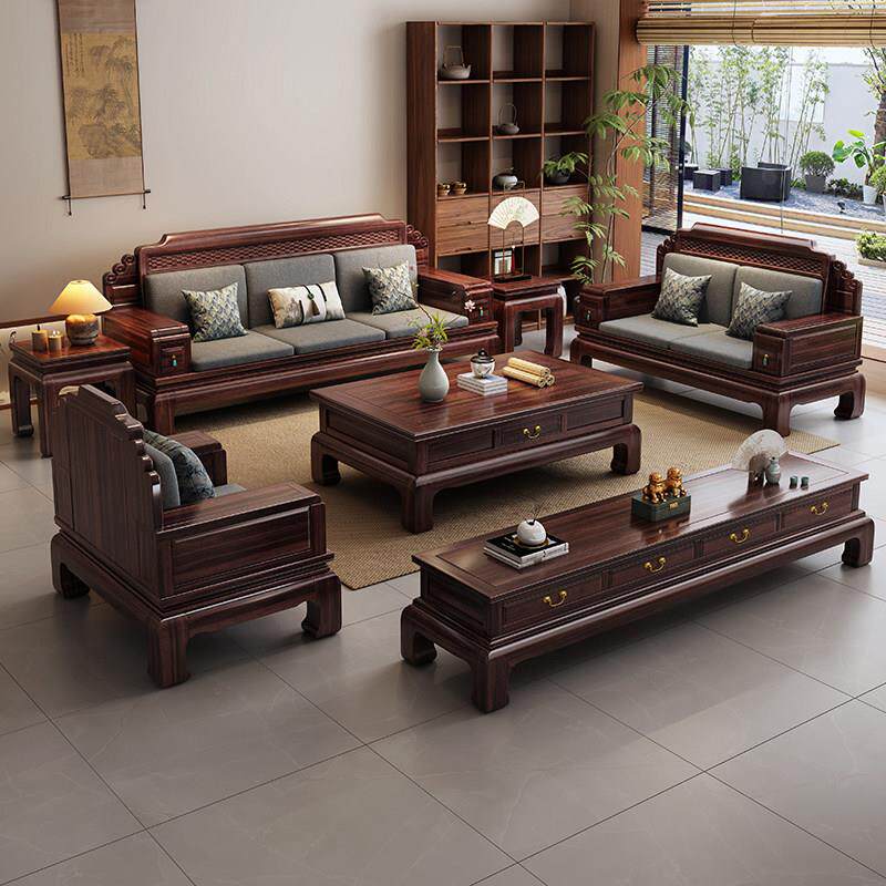 新中式乌金木全实木沙发组合冬夏两用高端客厅中国风储物别墅家俱