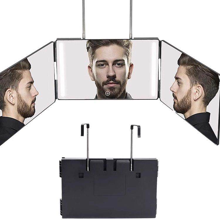 后视理髲镜3way可伸缩挂钩悬挂镜自理髲三面折叠化妆镜带灯led三