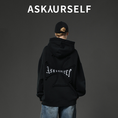 ASKYURSELF暗夜前行卫衣十字梵文男女同款黑色连帽卫衣