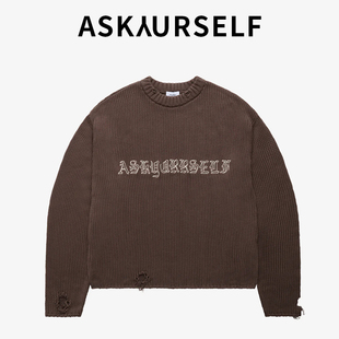 ASKAURSELF字母印花圆领毛衣男女宽松美式休闲OE驱逐舰针织衫