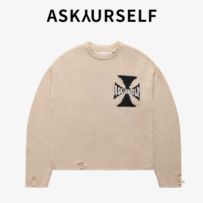 ASKAURSELF复古字母印花圆领骑士交叉针织衫男女宽松毛衣潮牌秋冬