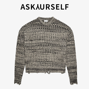 ASKAURSELF男士灰色格纹针织衫圆领复古毛衣灰色混色交叉针织衫