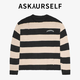 ASKAURSELF男士条纹圆领针织衫宽松毛衣潮款条纹OE针织衫