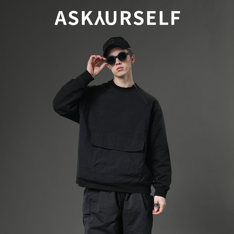 ASKYURSELF进化者卫衣A字领口斜拉链2025春季新款圆领卫衣