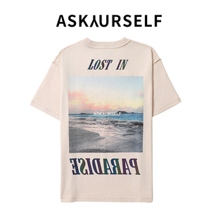 ASKYURSELF做旧白加州风景照片彩虹3m短袖男女同款米白色T恤