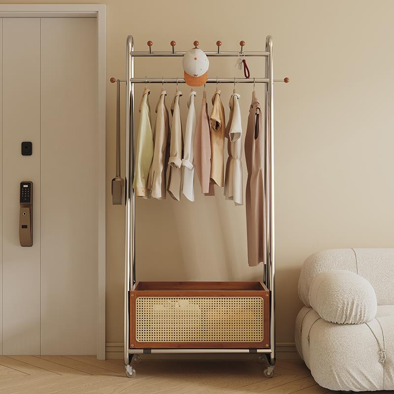 中古藤编衣帽架卧室落地挂衣架房间覆古晾衣架移动拐角挂衣杆法式