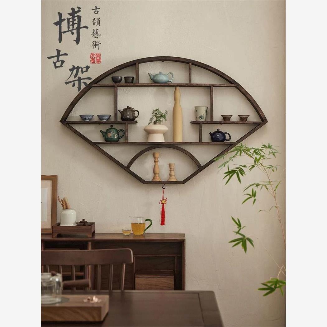 实木扇形博古架家用茶具架玄关办公室展示架壁挂式置物架支持定做