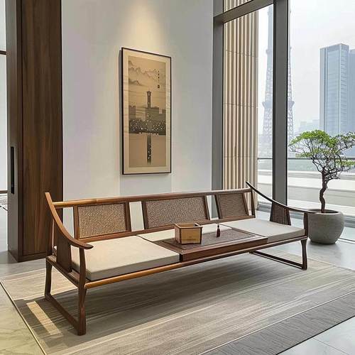 新中式北美黑胡桃白蜡木沙发轻奢定制办公客厅高端实木榫卯罗汉床