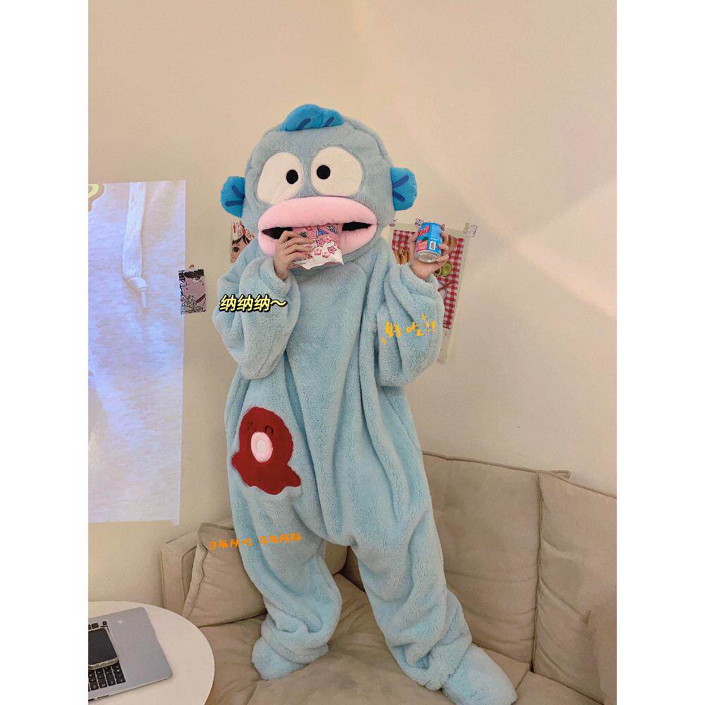 丑鱼连体睡衣女珊瑚绒加厚保暖秋冬季卡通大嘴鱼搞怪睡袍男加大码