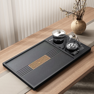 乌金石茶盘客厅办公室石头茶盘直排水一体内嵌烧水壶功夫茶盘茶具