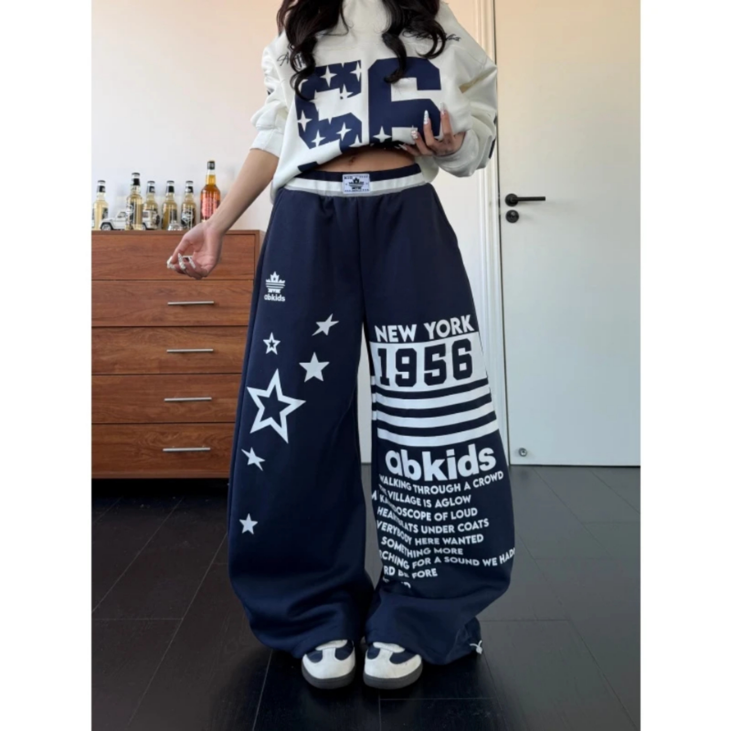 加贝洋美式复古字母五角星印花百搭卫裤男款宽松休闲街头阔腿长裤