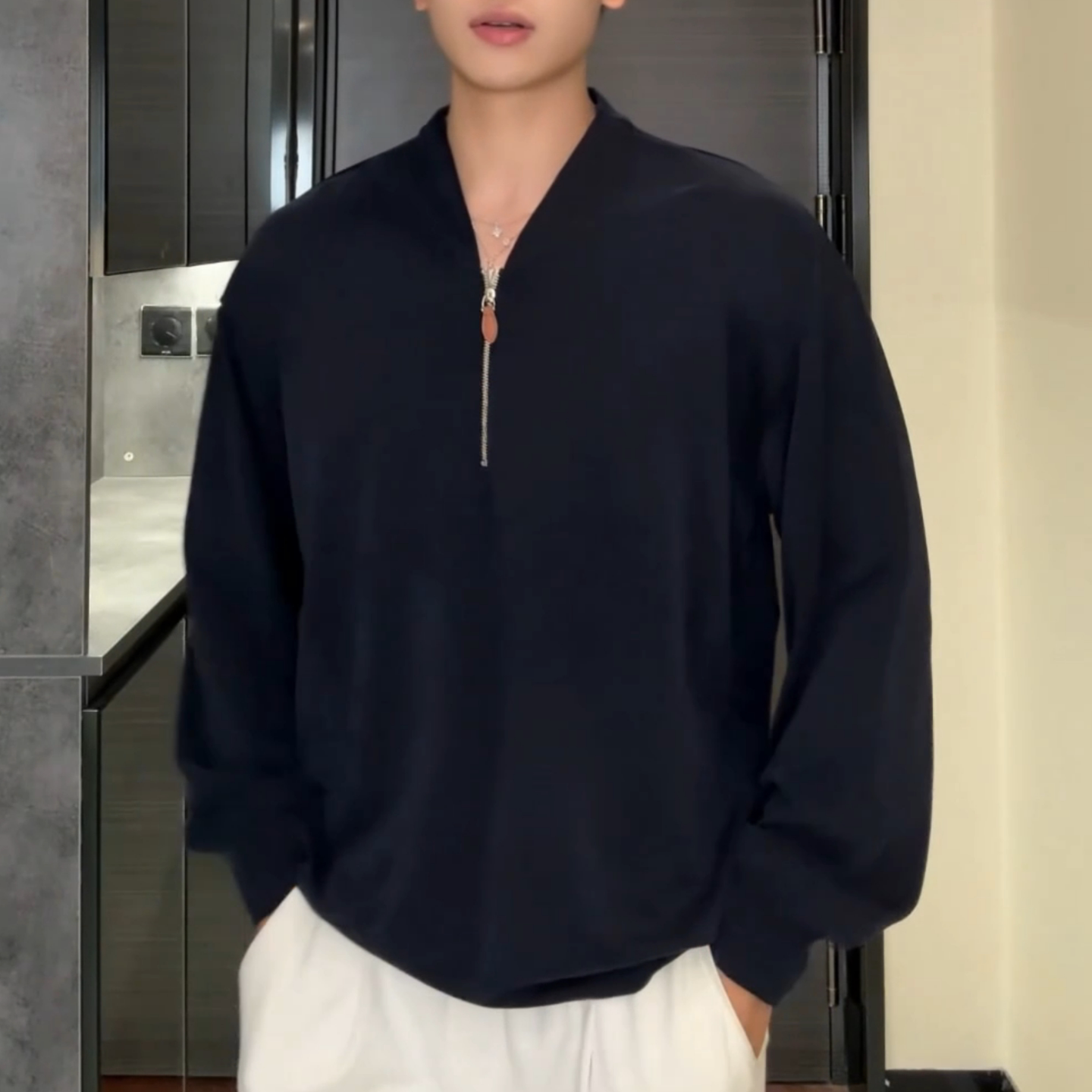 秋季新款轻奢痞帅男装韩版纯色半拉链V领卫衣休闲长袖T恤打底衫潮