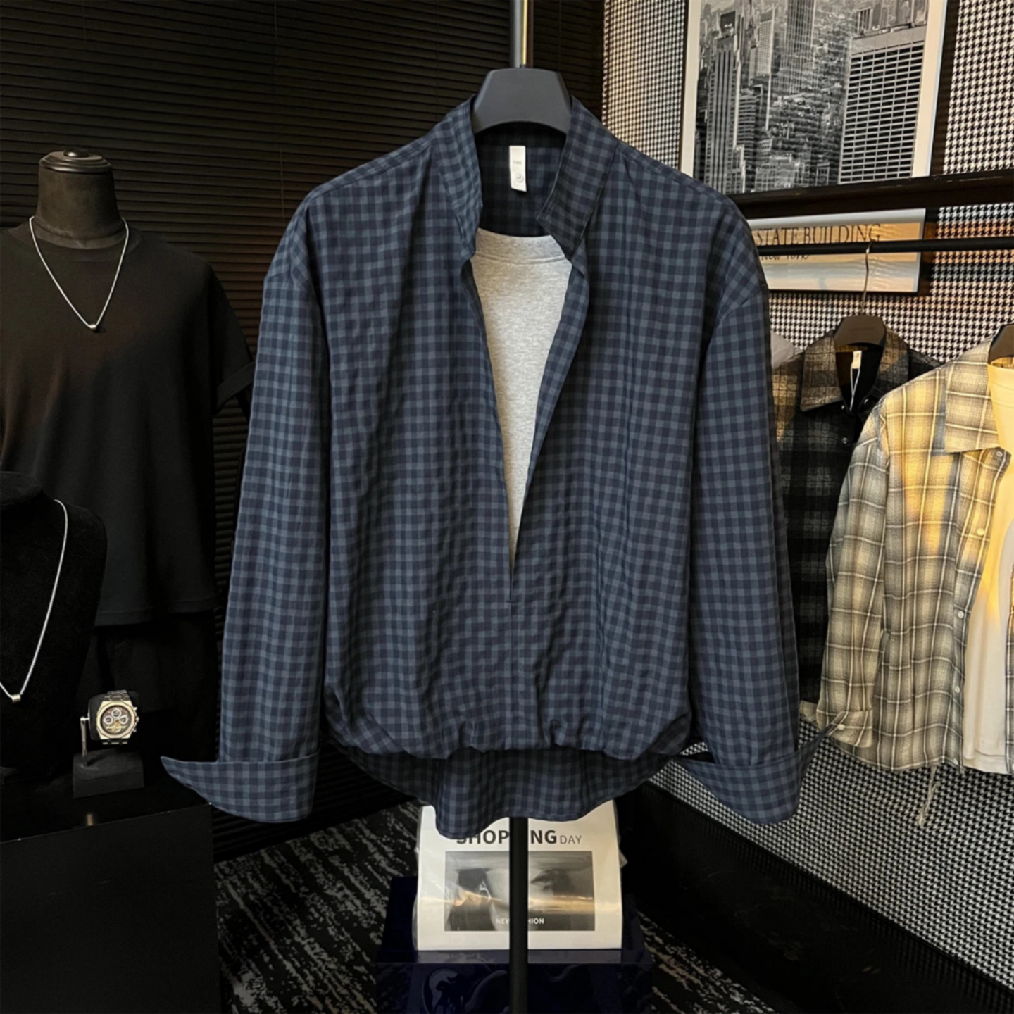 设计感复古格子衬衫男士长袖假两件半高领休闲日常通勤松弛感上衣