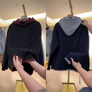 高品质假两件撞色连帽男士卫衣休闲慵懒风冬季加绒长袖百搭上衣潮
