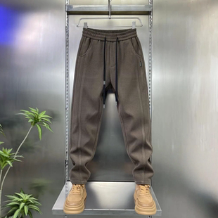 冬季加绒防风百搭直筒裤男士休闲纯色高级感松紧腰运动裤品质帅气