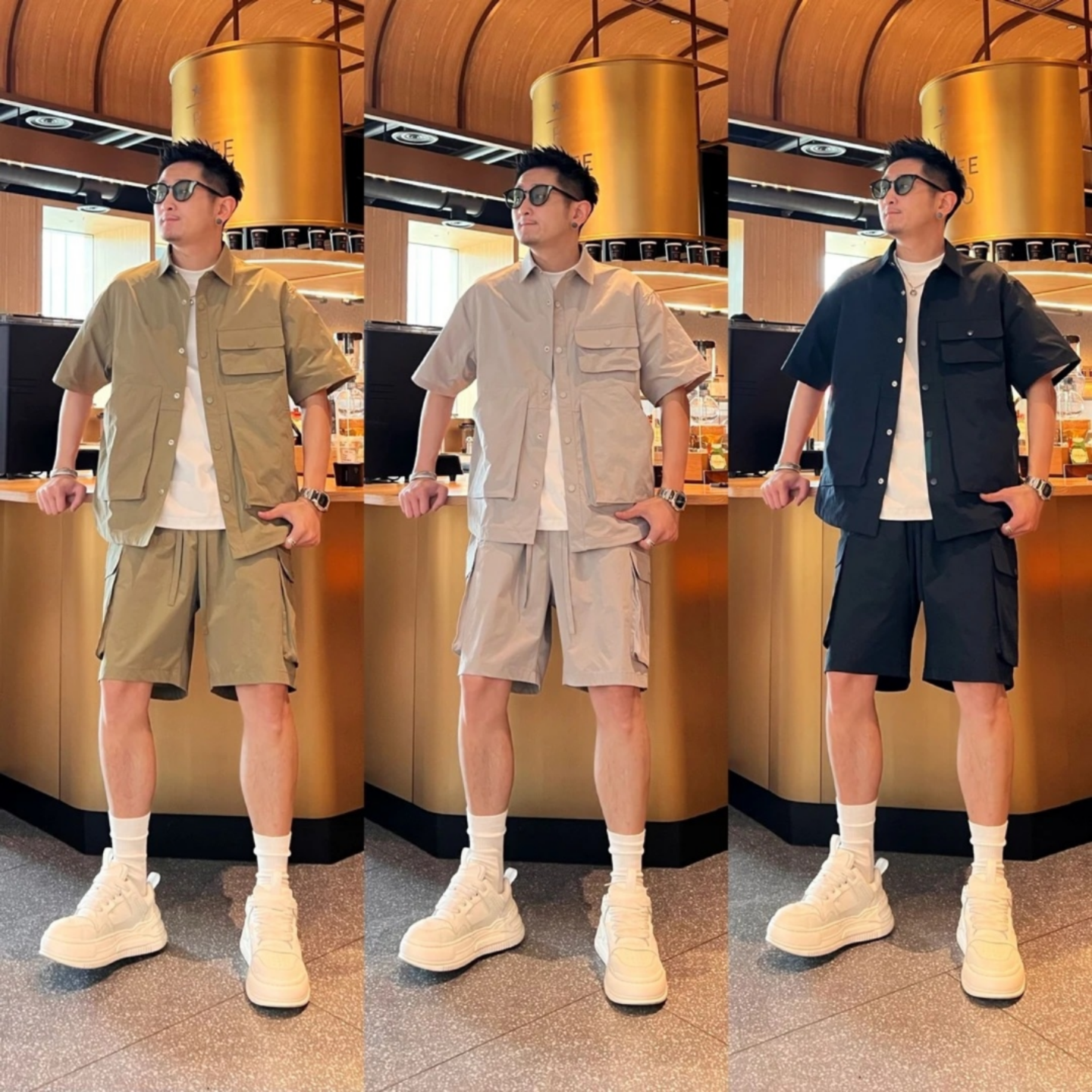 夏季新款百搭潮流宽松多口袋男款工装短袖衬衫短裤休闲时尚套装